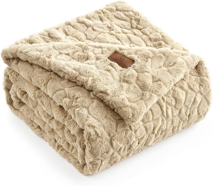 Cozy Bliss Faux Fur Throw Blanket for Couch, Fuzzy Soft Plush Thick Warm Fluffy Reversible Wave Textured Blanket for Sofa Bedroom Living Room, 55 * 70 Inches Khaki