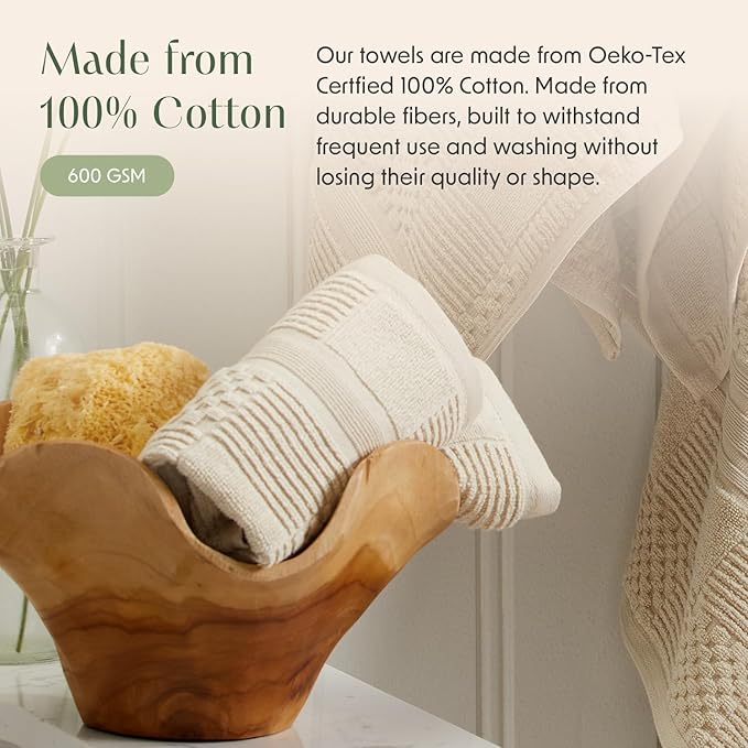 Springtree Home 100% Cotton Bath Towel Set of 4 | Beige Towels | Geometric Textured Design | Absorbent & Quick-Dry | 4 Bath Towels | Oeko-TEX® Standard 100 Cotton | Myla Collection - Sandshell