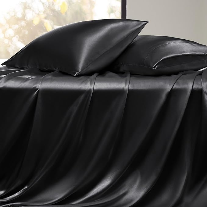 Bedsure Black Satin Sheets Queen Size - 4 Piece Silky Bedsheets with 15 Inches Deep Pocket Fitted Bedsheet,1 Flat Sheet, 2 Satin Pillowcases, Good for Hair & Skin (Queen, Black)