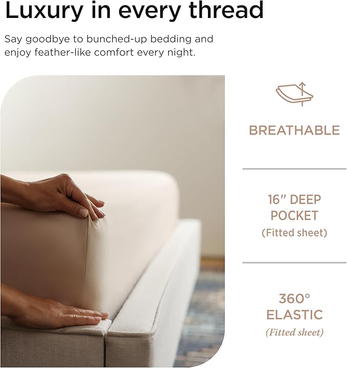 Threadmill Luxury 800 Thread Count Queen 100% Cotton Sheets - Light Beige Sateen Weave Bed-Sheets, Better Than Egyptian Cotton,4 Pc Solid Soft Bedding Set, Fits 16" Deep Pocket