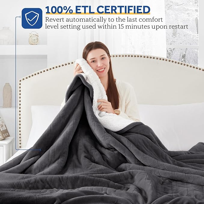 SEALY Electric Blanket Twin Size, Flannel & Sherpa Heated Blanket with 10 Heating Levels & 1-12 Hours Auto Off, Machine Washable, Grey, 62x 84 Inch