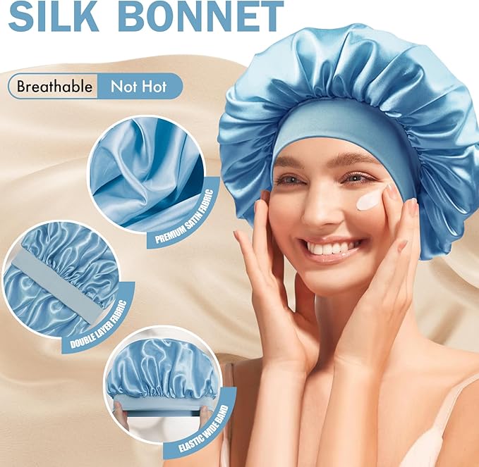 Satin Silk Bonnet for Sleeping, Double Layer Silk Sleep Cap for Men & Women, Soft Satin Lined Bonnet for Curly Hair