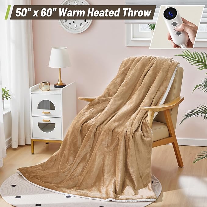 Electric Heated Blanket Throw 50"x60" - Soft Cozy Flannel & Sherpa Fabric Dual-Sided, 9 Heat Settings & 2-10 Hours Auto Off, Warming Heated Throw for Home Office, Machine Washable, Brown