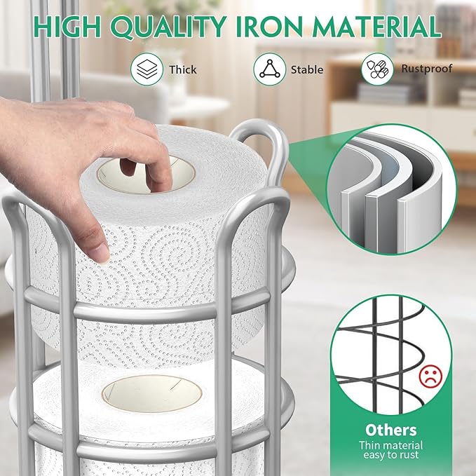 TomCare Toilet Paper Holder Stand with Storage Shelf Tissue Paper Roll Dispenser Free Standing 4 Raised Feet Toilet Paper Storage Metal Bathroom Organizers and Storage