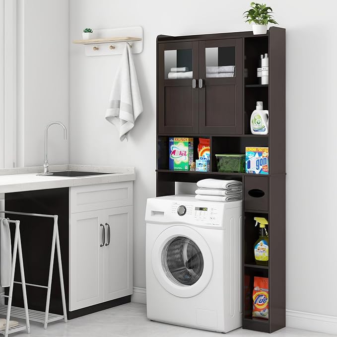 Vabches Over The Toilet Storage Cabinet, Bathroom Shelf Over Toilet with Glass Doors and Adjustable Shelves, Espresso Freestanding Home Space Save Toilet Rack for Restroom, Bathroom, Laundry