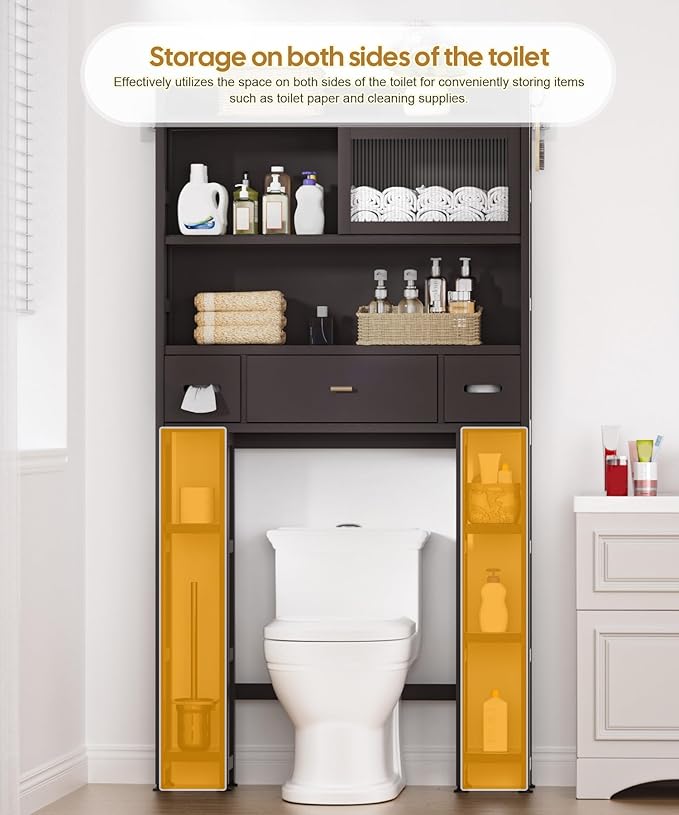 Over The Toilet Storage Cabinet with Acrylic Sliding Door Panel, Bamboo Organizer Shelf with 2 Paper Drawers and 1 Big Drawer,Space Saver Rack for Bathroom (Brown)