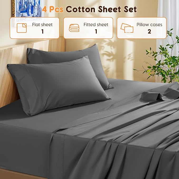LBRO2M 100% Cotton Sheets Set King Size 600 Thread Count Sheet 4 Piece Sets Bed Sheet Deep Pocket Up to 16" Soft Comfortable All Season (King, Dark Gray)