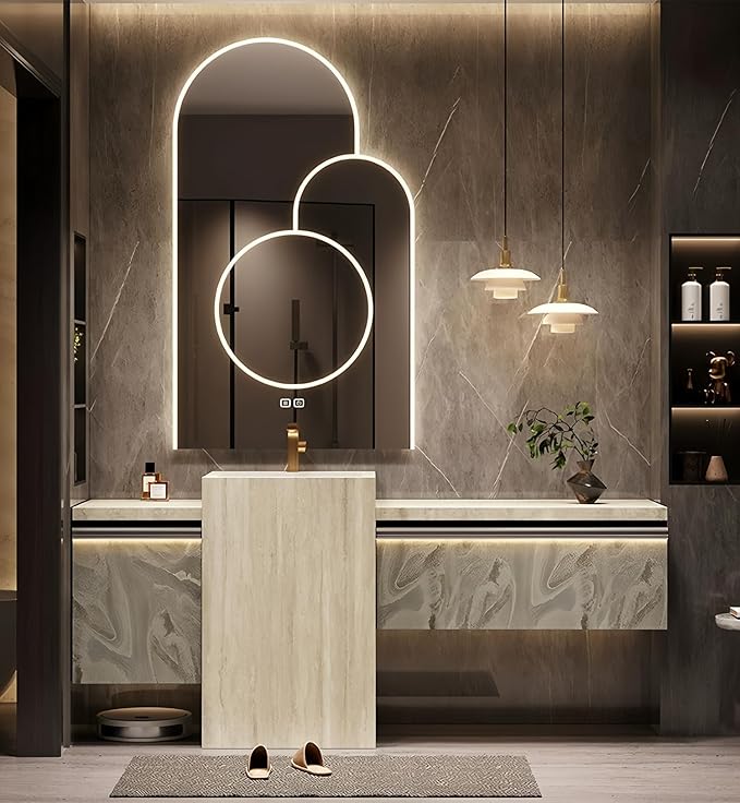 Single Sink Freestanding Bath Vanity, Modern Bath Vanity with LED Smart Mirror, 48IN Solid Wood Floating Bathroom Sink Cabinet with Marble Slate Top and Large Storage Drawer