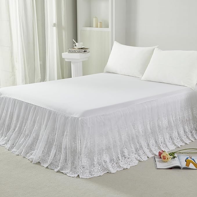 Brandream Lace Bed Skirt Twin Size White 18 Inch Drop Romantic Dust Ruffle Split Corners Bed Sheets Cover Excellent Quality