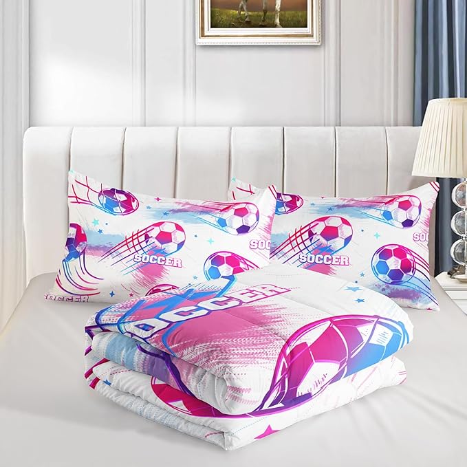 Ball Games Bedding Football Queen Comforter Set,Pink and Blue Soccers Stars Bedding Set for Kids Girls Boys Room Decor,Sports on The Court Aesthetic Bedding Sets with 2 Pillowcases.