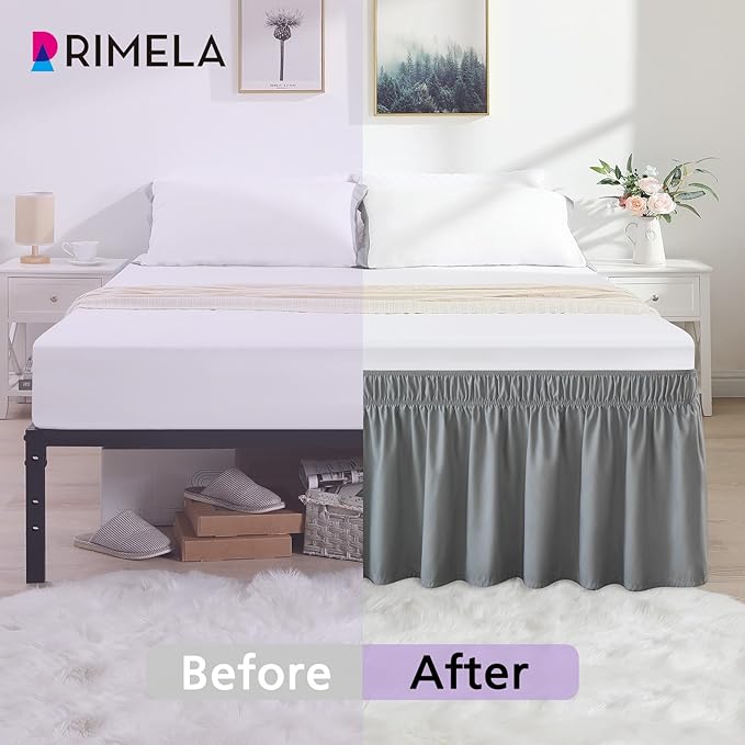 RIMELA Light Grey Bed Skirt King Size 12 Inch Drop, Elastic Bed Skirting for Bed Base and Frame, Bedding Dust Ruffle Easy to Install, Lightweight Wrap Around Adjustable Bedskirt