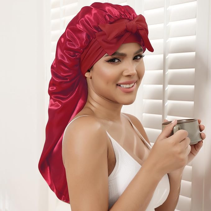 AWAYTR Long Satin Bonnet for Women - Double Layer Elastic Silk Bonnet for Braids Hair Sleeping Cap with Tie Band (Wine Red)