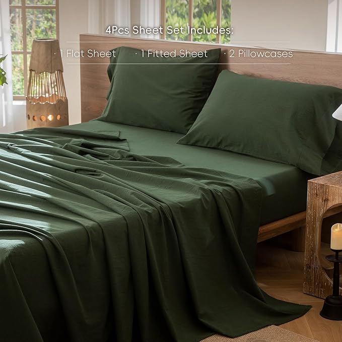 MooMee Bedding Sheet Set 100% Washed Cotton Linen Like Textured Breathable Durable Soft Comfy (Solid Forest Green, Full)