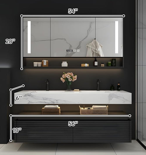 56IN Bathroom Vanity with Double Sink, Modern Bathroom Vanity with LED Smart Defogging Mirror Cabinet and Open Shelf, Floating Bathroom Cabinet with Striped Double Drawers, Oak Material (Black)