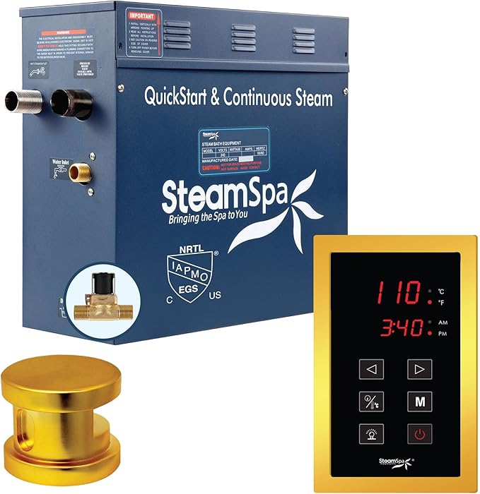 STEAMSPA 6kW Steam Sauna Generator Sentry Series 240V Steam Generator with Touch Screen, Steamhead, Built-in Steam Shower Auto Drain, ACU Quickstart Steam Bath Generator (Gold)