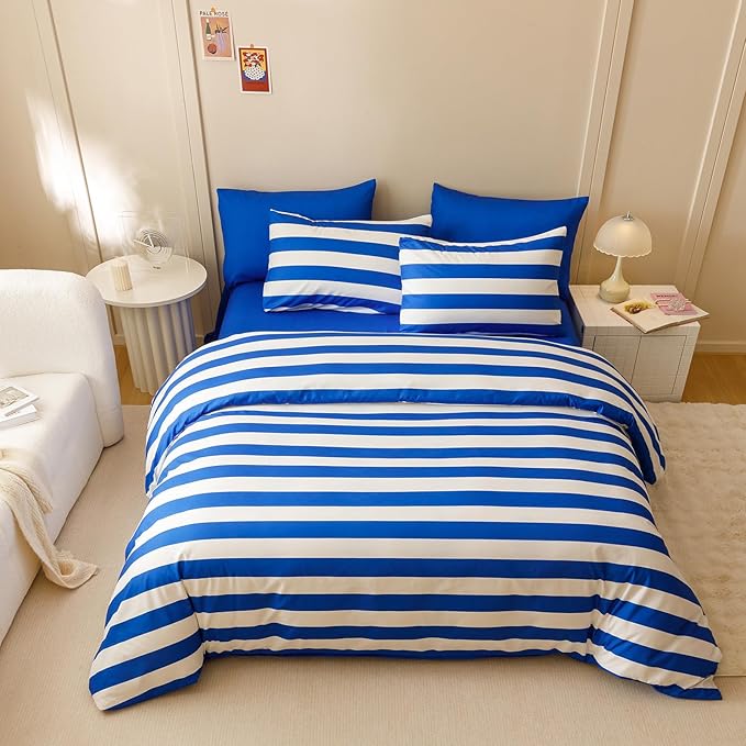 KAREVER Royal Blue White Stripes Comforter Set Twin Size Royal Blue White Stripes Bedding Set 3 PCs Comforter Set Twin Size Fluffy Linen Comforter Sets