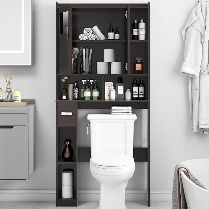 Vabches Over The Toilet Storage Cabinet, Bathroom Shelf Over Toilet with Glass Doors and Adjustable Shelves, Espresso Freestanding Home Space Save Toilet Rack for Restroom, Bathroom, Laundry