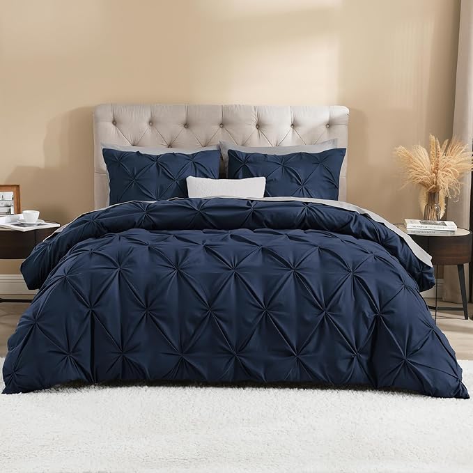 Litanika Navy Blue Pinch Pleat Duvet Cover Queen, 3 Pieces Pintuck Cover Soft Microfiber Bedding Set with Zipper Closure & Corner Ties(90x90Inch-1 Duvet Cover, 2 Pillowcases)