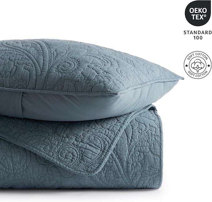 EVERGRACE 100% Cotton Paisley Quilt Set, King Size 3 Piece Set – Prewashed Lightweight Bedspread with 2 Shams, Soft & Breathable Matelasse Coverlet for All-Season Comfort, Stormy Blue