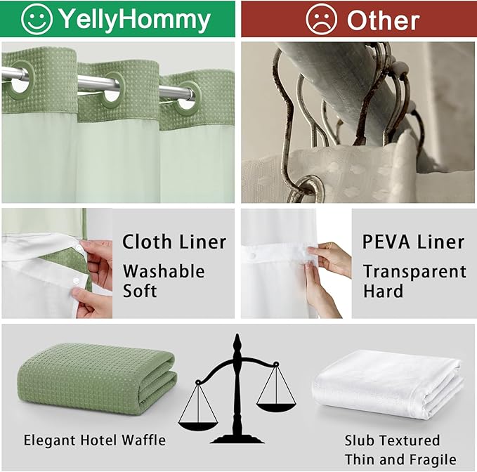 YellyHommy No Hook Shower Curtain with Snap in Liner Set Less Time Green Waffle Shower Curtain for Bathroom 75" L x 78" W