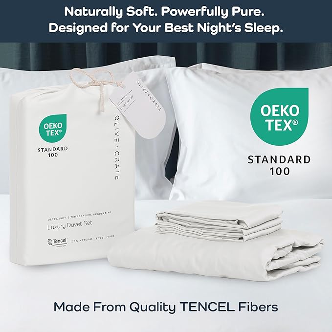 Olive + Crate Tencel Eucalyptus Cooling Duvet Cover Set - Hypoallergenic, Lyocell Tencel Duvet Cover - Temperature Regulating with Hidden Button Closure & Corner Ties - Oversized King [White Snow]