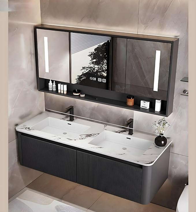 Bathroom Vanity Cabinet, 60" Bathroom Vanity with Sink & Intelligent Defog LED Mirror, Solid Wood Float Vanities, Wall-Mount Bathroom Cabinet with Drawer, Undermount Double Sink, Faucet, Drain(Black)