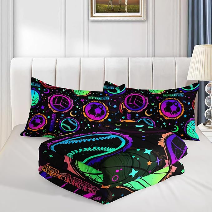 Ball Games Bedding Basketball Football Baseball King Comforter Set,Colorful Neon Stars and Moon Bedding Set for Kids Girls Boys Room Decor,Sports Aesthetic Bedding Sets with 2 Pillowcases.