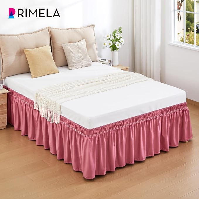 RIMELA Dusty Red Bed Skirt King Size 18 Inch Drop, Wrap Around Elastic Bedskirt, Dust Ruffle for Adjustable Bed Base Machine Washable Easy to Install Bed Skirts