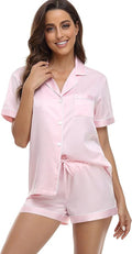 Women's Satin Pajama Set 2-Piece Sleepwear Loungewear Button Down Short Sleeve Silky PJ Set