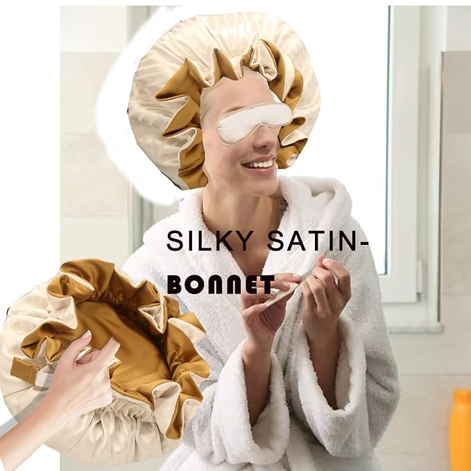 Satin bonnet 2PCS silk hair bonnet cap for women reversible for sleeping Adjustable Night sleep cap for curly natural hair double-layer and Washable Can Be Used Shower (Apricot &Blue stripe)