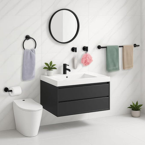 5-Piece Black Bathroom Hardware Set - 24 Inch Towel Bar, 2 Robe Towel Hooks, Toilet Paper Holder, Towel Ring, Wall Mounted Bathroom Accessories (Matte Black Finish)