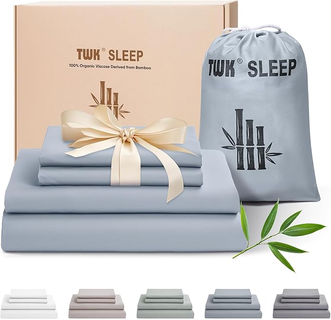 TWK Luxury Sheet Set, Genuine 100% Viscose Derived from Bamboo, Cooling & Breathable, Silky Soft, Bedding Sheets & Pillowcases (Sterling Blue, King)