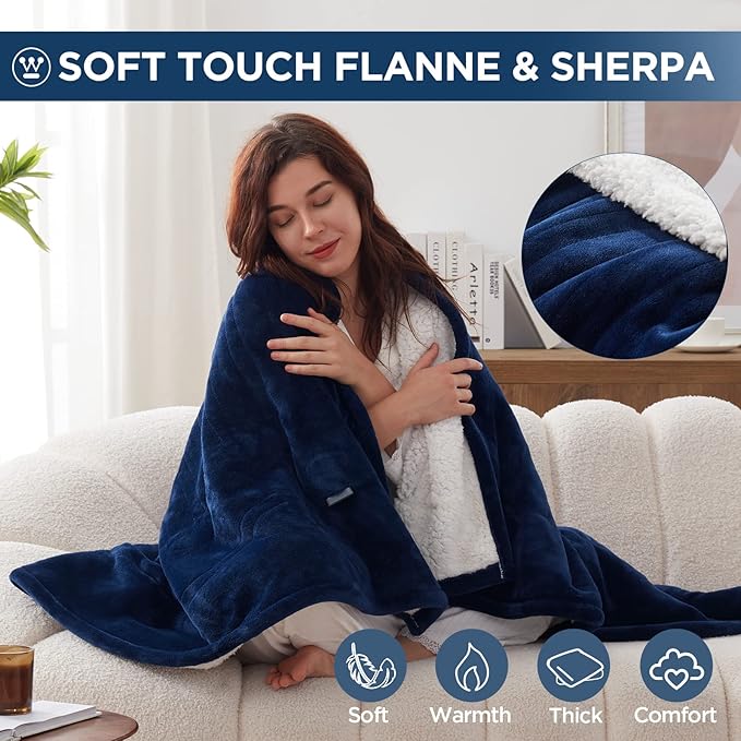 Westinghouse Heated Throw Blanket, Electric Blanket Throw with 6 Heating Levels and 2-10 Hours Time Settings, Flannel to Sherpa Super Cozy Heated Blanket Machine Washable, 50x60 inch, Navy