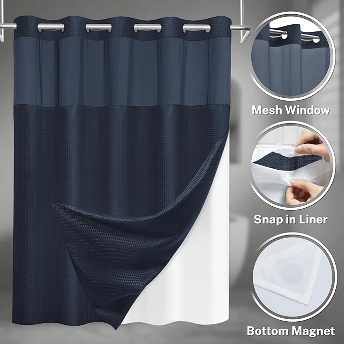 No Hook Shower Curtain with Snap in Liner Set Waffle Shower Curtain for Bathroom Hotel Style Fabric Waterproof Inner Liner，54" W x 80" H, Navy Blue