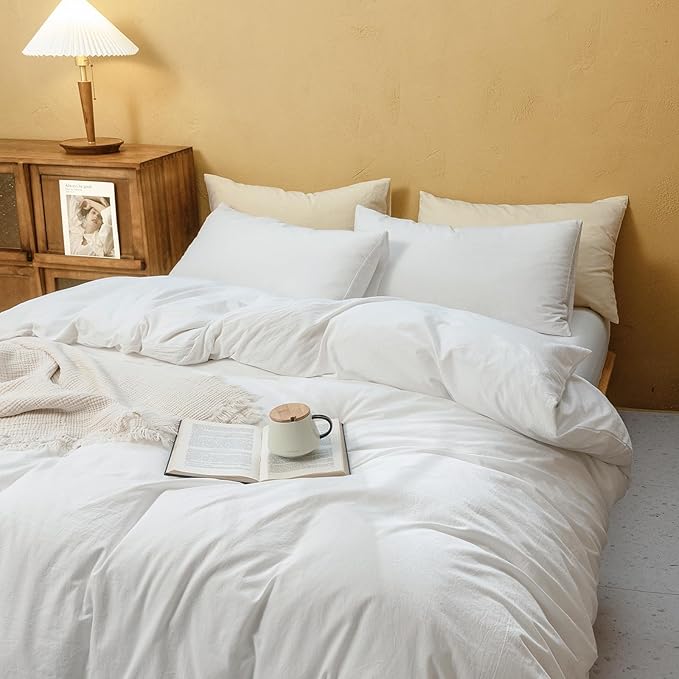 FOSSA White Duvet Cover Set, 100% Washed Cotton Linen Feel Super Soft Breathable Cozy 3 Pieces Bedding Sets Solid Off White Super King Plus