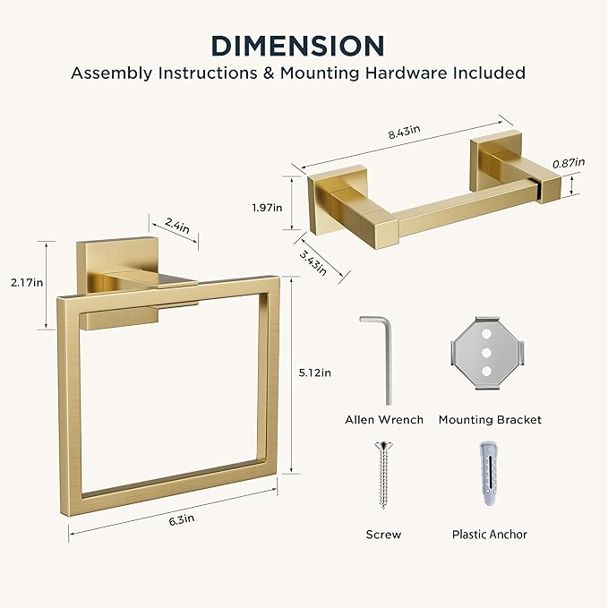 FORIOUS Toilet Paper Holder Set Wall Mount, SUS 304 Stainless Steel Pivoting Toilet Paper Holder and Towel Ring, Hand Towel Holder Set for Bathroom, Square Bathroom Hardware Set, Brushed Gold