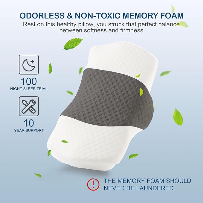 TOPPURE Cervical Neck Pillow with Breathable Pillowcase, Memory Foam Pillow Supportive for Neck & Shoulder Pain Relief for Side, Back, Stomach Sleepers(White&Grey)
