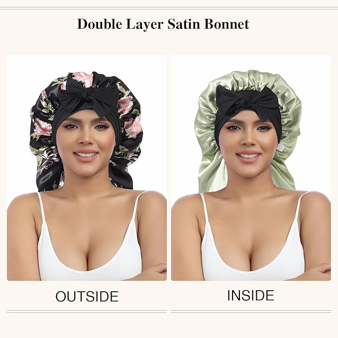 AWAYTR Long Satin Bonnet for Women - Double Layer Elastic Silk Bonnet for Braids Hair Sleeping Cap with Tie Band (Black Flower+Green)