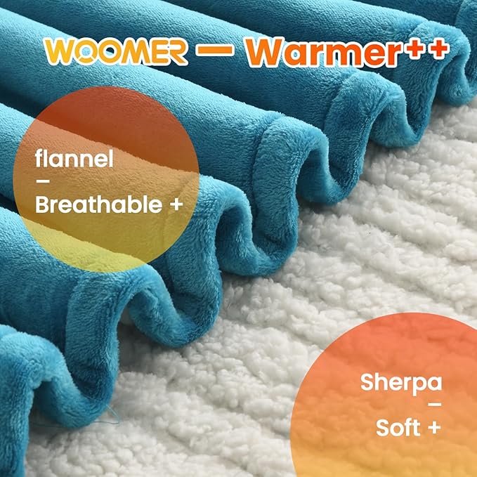 WOOMER [5-Year Warranty Electric Blanket Twin Size,Durable Flannel and Soft Sherpa,Dual Control,62”×84” Heated Throw Blanket, 10 Heat Levels&0.5-12h auto-Off,Energy Efficient,ETL Certified
