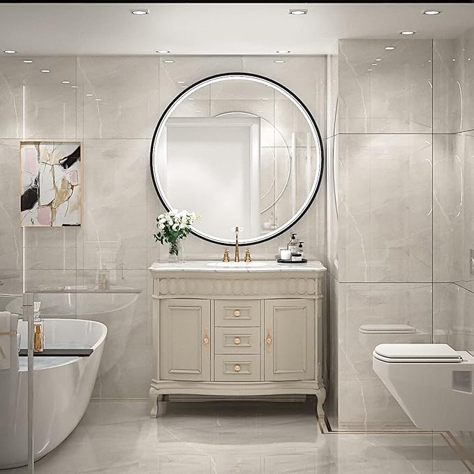 32" Round LED Bathroom Mirror, Dimmable Anti-Fog Vanity Mirror with Touch Control, 6000K Natural Light, Black Metal Frame, Wall Mounted for Makeup Shaving (IP54, 90+ CRI)