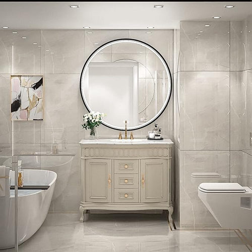 28" Round LED Bathroom Mirror, Dimmable Anti-Fog Vanity Mirror with Touch Control, 6000K Natural Light, Black Metal Frame, Wall Mounted for Makeup Shaving (IP54, 90+ CRI)