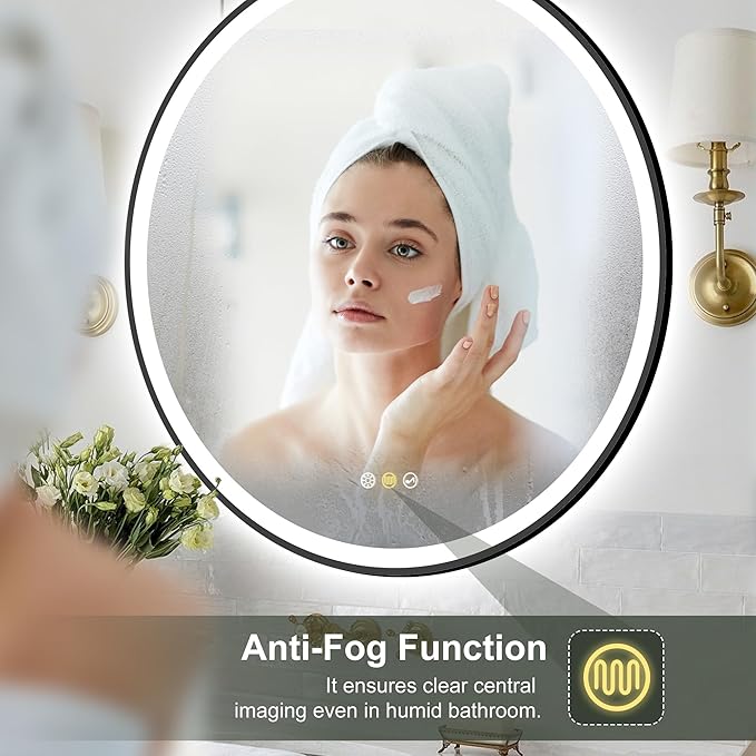 S·BAGNO 28’’ Round Led Bathroom Mirror with Lights, Bathroom Vanity Wall Mirror with Buletooth, Anti-Fog, Stepless Dimmable, 3 Colors, Tempered Glass Lighted Makeup Mirror for Bathroom