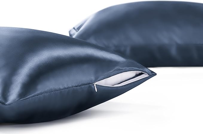Bedsure Satin Pillowcase with Zipper, Similar to Silk Pillow Cases 2 Pack, Satin King Size Pillow Cases, Silky & Soft Pillow Covers for Hair and Skin, Gifts for Women Men, Blue, 20x36 Inches