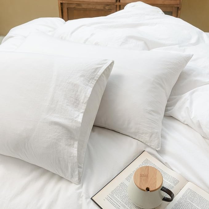 FOSSA White Duvet Cover Set, 100% Washed Cotton Linen Feel Super Soft Breathable Cozy 3 Pieces Bedding Sets Solid Off White King