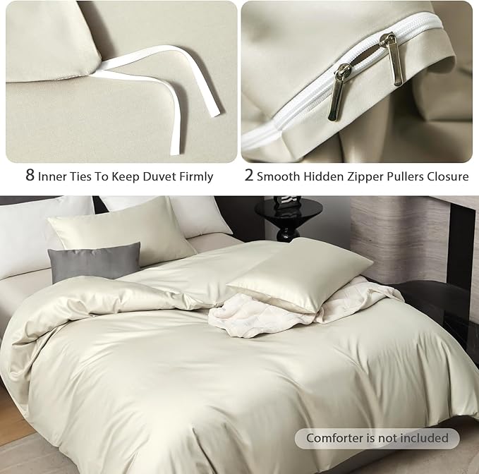 PURE ERA Duvet Cover Set 800 Thread Count Long Staple Cotton Sateen Silky Soft Luxurious Smooth 3 Piece Set Beige Queen