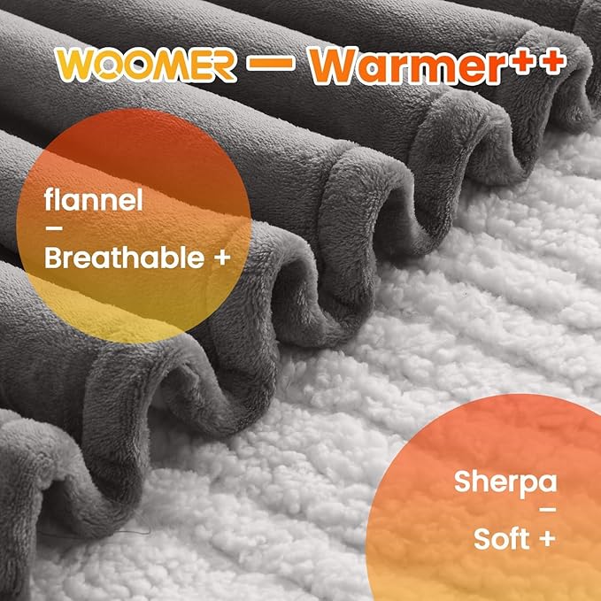 WOOMER [5-Year Warranty Heated Blanket King Size,Durable Flannel and Soft Sherpa,Dual Control,90” × 100” Electric Blanket, 10 Heat Levels&0.5-12h auto-Off, Overheat Protection,Energy Efficient