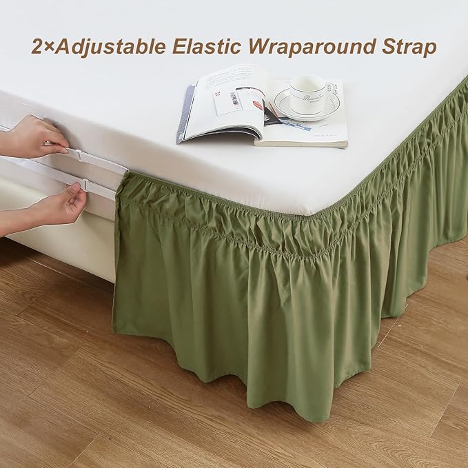 MEILA Full Bed Skirt, Wrap Around Ruffle Bed Skit for Full Beds with 16 inch Drop, Elastic Dust Ruffles Easy Fit Wrinkle & Fade Resistant, Sage