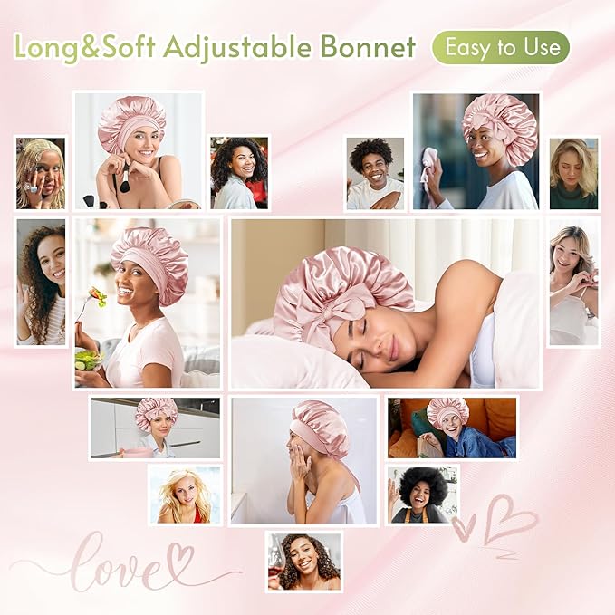 BONNET QUEEN Silk Bonnet for Sleeping Women Satin Bonnet Night Sleep Cap Wrap for Curly Hair with Adjustable Tie Band, Single Layer, Cream Pink