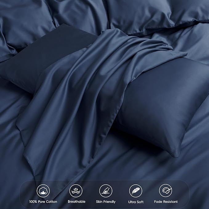 MooMee Duvet Cover Set 100% Extra Long Staple Cotton 600 Thread Count Silky Sateen Smooth Luxury Soft Breathable Durable Hotel Quality Bedding, 3 Pieces (Navy Blue, King 104"x90")