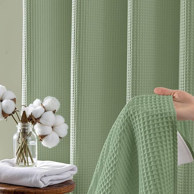 River Dream Sage Green Fabric Shower Curtain Set, Cotton Blend, Waffle Weave, with Snap in Replacement Liner，71 x 86 inches